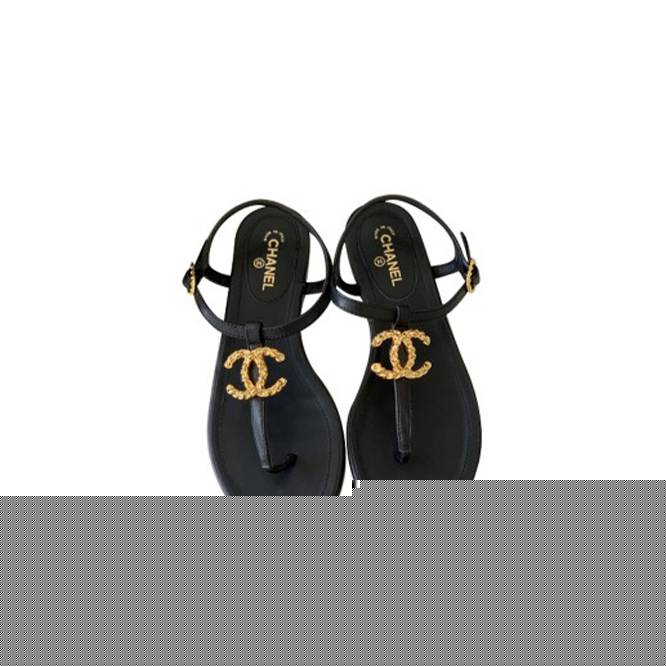 Ch*el leather women’s sandals black gold hardware